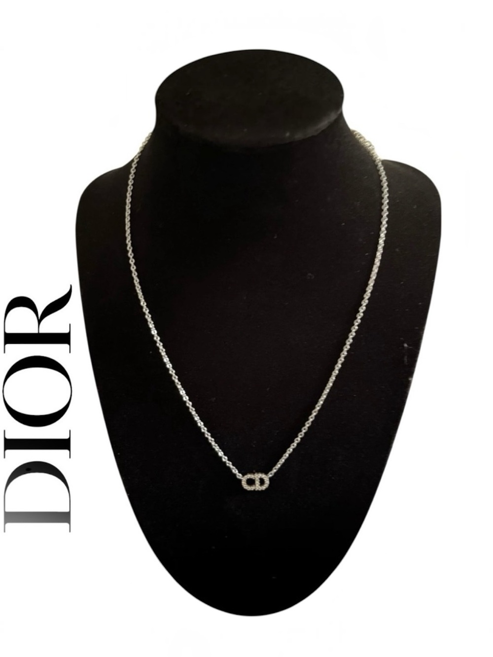DIOR Clair D Lune CD Logo Necklace Silver Crystal COA